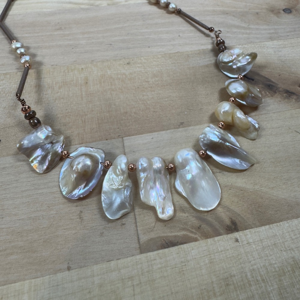 Artisan Keshi Pearl Statement Necklace Iridescent Copper Tone Toggle Clasp 18in - Picture 2 of 11